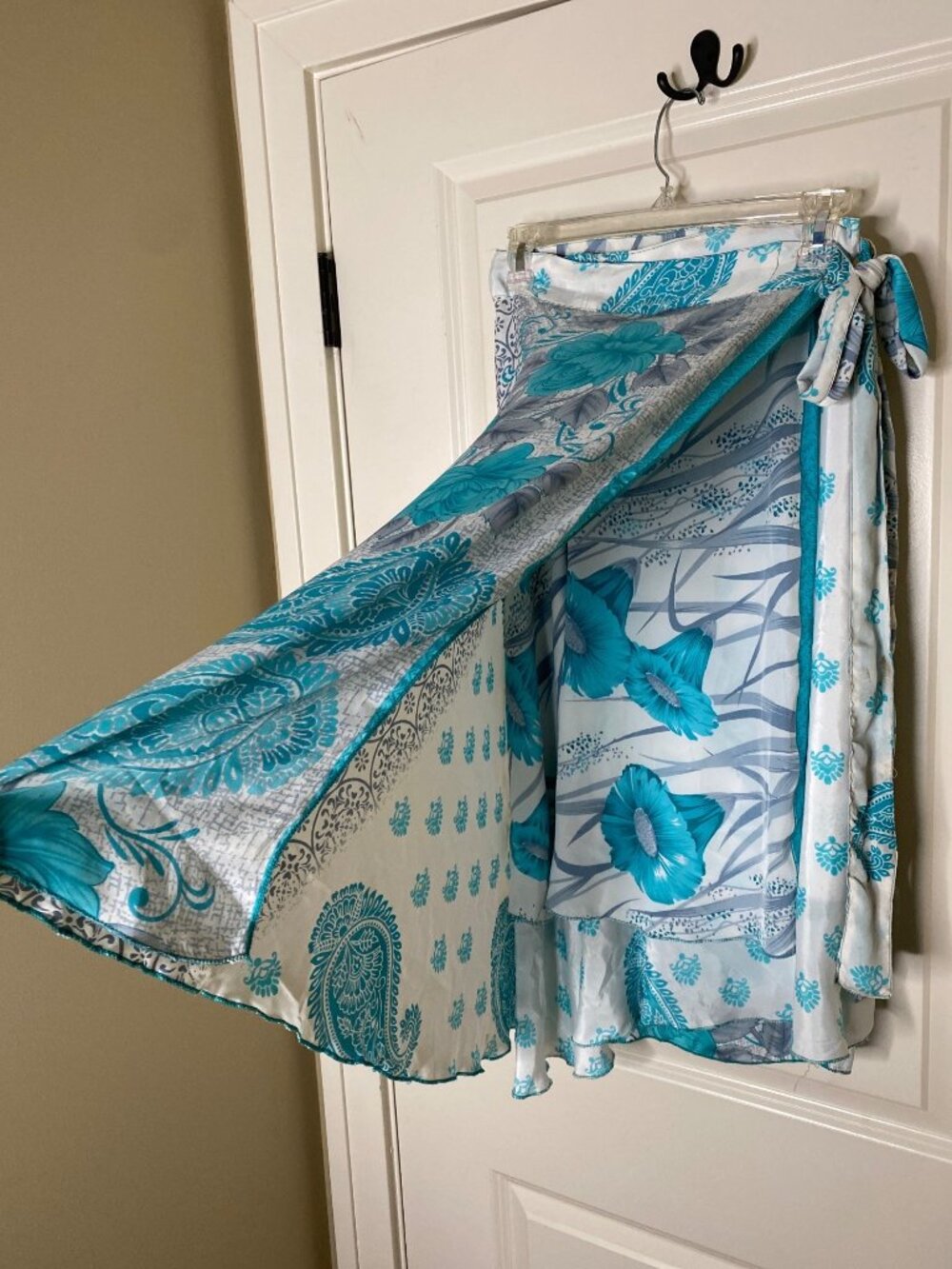 Reversible Silk Magic Wrap Skirt Teal Floral Paisley Boho Festival Beach OS - Picture 6 of 11